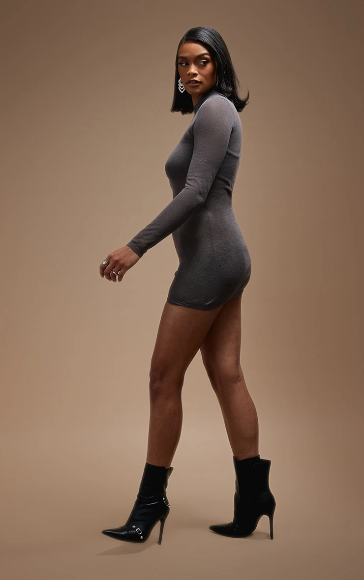 Charcoal Sheer Knit Racer Lined Long Sleeve Dress 4 Charcoal Sheer Knit Racer Lined Long Sleeve Dress - Image 2