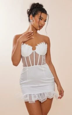 White Shell Frill Cup Detail Corset Bodycon Dress
