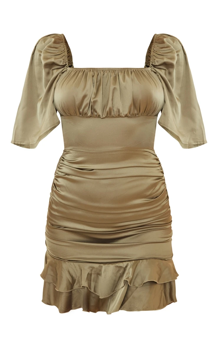 Olive Satin Ruched Side Frill Hem Bodycon Dress 7 Olive Satin Ruched Side Frill Hem Bodycon Dress - Image 5