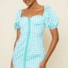 Mint Gingham Corset Floaty Sleeve Bodycon Dress