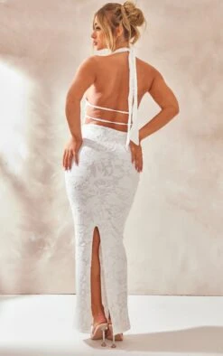 White Floral Textured Halterneck Cut Out Back Maxi Dress