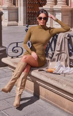 Olive Structured Contour Rib High Neck Cut Out Bodycon Dress