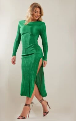 Green Plisse Long Sleeve Split Detail Midi Dress -Cheap Glamarish Store 115e07a2681b19a2810fab47de90d8a7efc021bf cnc3057 3