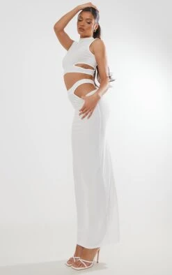 White Slinky Cut Out Waist Maxi Skirt