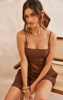 Chocolate Straight Neck Linen Look Ruched Back Detail Swing Dress -Cheap Glamarish Store 11e3e36ac150dd2f2f87ab93939097695a125699 cnd4049 4