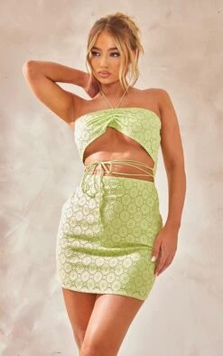 Sage Broderie Anglaise Cut Out Strap Detail Bodycon Dress