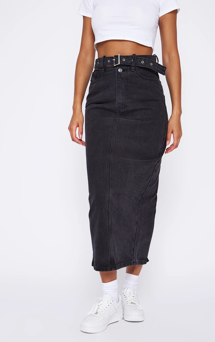 Washed Black Cut Out Buckle Waist Denim Midi Skirt 4 Washed Black Cut Out Buckle Waist Denim Midi Skirt - Image 2