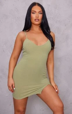 Khaki Strappy Split Hem Bodycon Dress