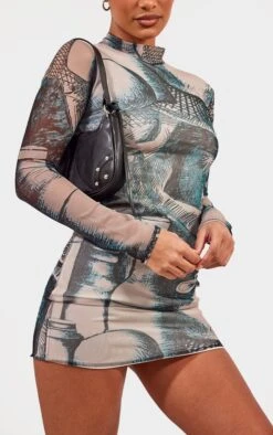 Green Abstract Print Ruched Sleeve Mesh Bodycon Dress -Cheap Glamarish Store 1d57ca670230532c507f65c1276e65a79dac3d95 cnd1334 4