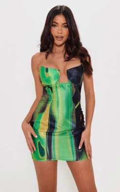 Green Smoke Print Satin V Bar Bandeau Bodycon Dress