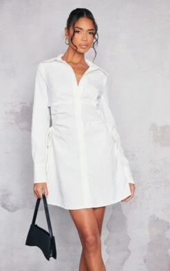 White Woven Ruched Cut Out Detail Shirt Dress -Cheap Glamarish Store 1e03d9144194befef642f929f46d89b3732b0d2a cne1434 1