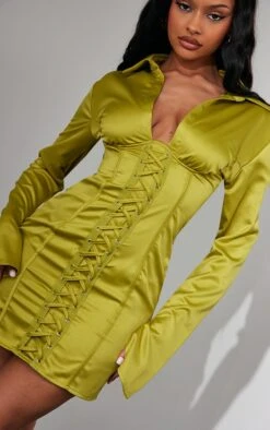 Olive Satin Underwired Eyelet Lace Up Detail Shirt Dress -Cheap Glamarish Store 20901b3da1b3338b522ba83a5181ef9aa7204412 cnd0482 4