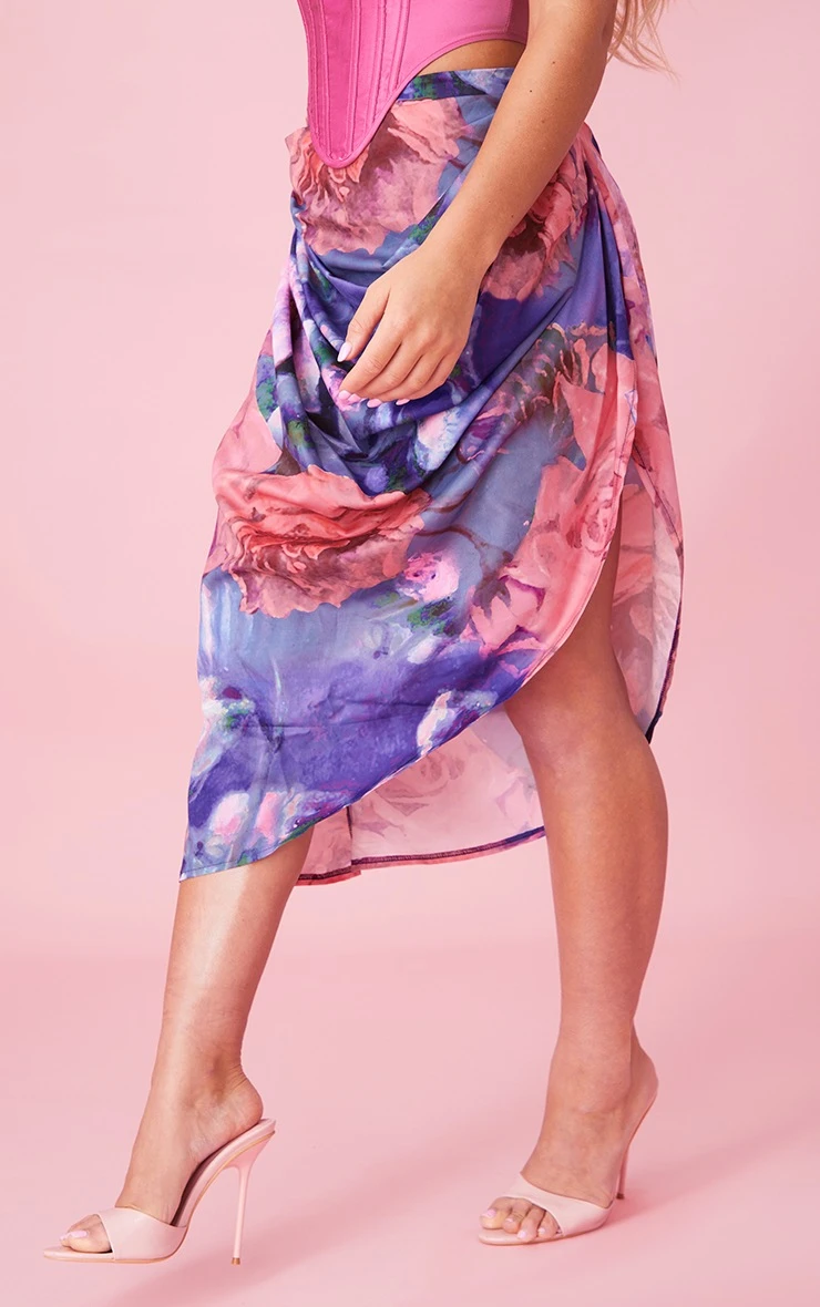 Purple Floral Print Ruched Side Midi Skirt 4 Purple Floral Print Ruched Side Midi Skirt - Image 2