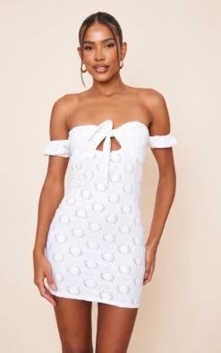 White Broderie Tie Bardot Bodycon Dress