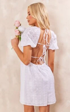 White Broderie Anglaise Puff Sleeve Detail Shift Dress