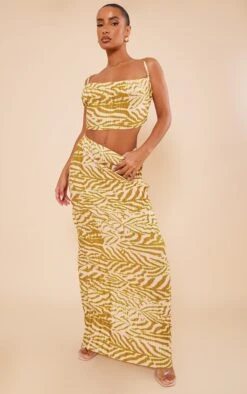 Green Zebra Print Plisse Maxi Skirt