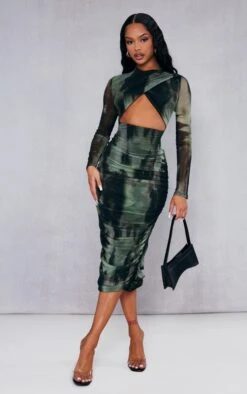 Khaki Abstract Print Mesh Wrap Cut Out Midaxi Dress