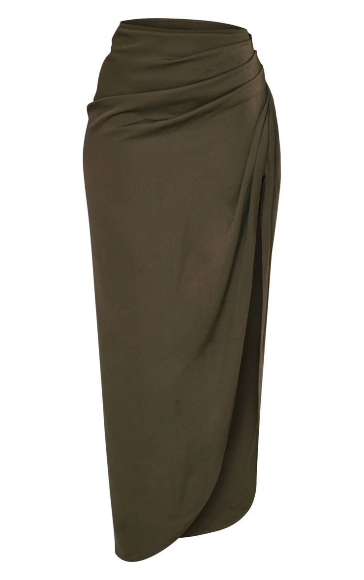 Khaki Woven Ruched Skirt Midi Skirt 7 Khaki Woven Ruched Skirt Midi Skirt - Image 5