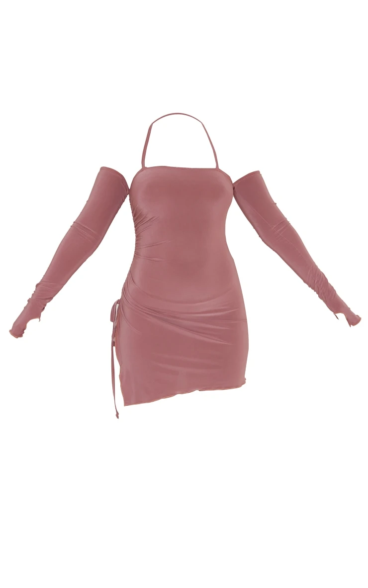 Rose Slinky Ruched Side Halter Tie Bardot Shift Dress 7 Rose Slinky Ruched Side Halter Tie Bardot Shift Dress - Image 5