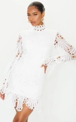 White High Neck Lace Long Sleeve Frill Bodycon Dress -Cheap Glamarish Store 31656d5b7034fb44814de2fd9e0347f5f91a8028 cmn2682 3