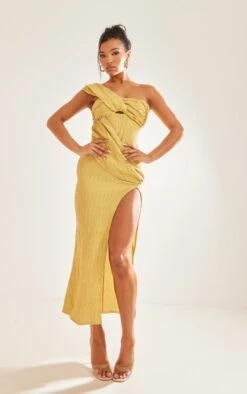 Olive Textured One Shoulder Drape Split Midaxi Dress