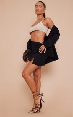 Black Woven Split Hem Mini Skirt