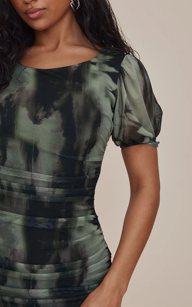Multi Ruched Bodice Volume Sleeve Blur Print Mini Dress 6 Multi Ruched Bodice Volume Sleeve Blur Print Mini Dress - Image 4