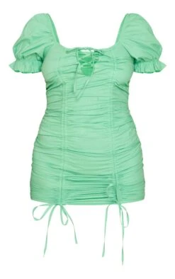 Green Lace Up Ruched Puff Sleeve Bodycon Dress -Cheap Glamarish Store 397eb798f3da2648a739bf9fd59bf2c0379f2d47 cnd5463 5