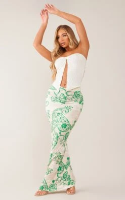 Green Swirl Print Soft Touch Jersey Seam Detail Maxi Skirt
