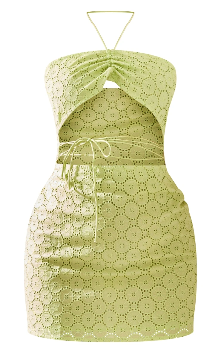 Sage Broderie Anglaise Cut Out Strap Detail Bodycon Dress 7 Sage Broderie Anglaise Cut Out Strap Detail Bodycon Dress - Image 5
