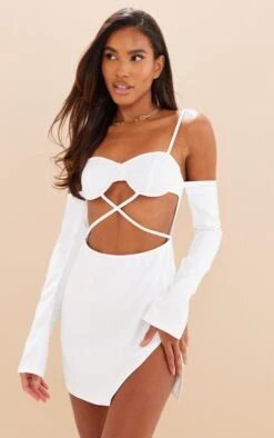 White Woven Underwired Cup Cross Waist Bodycon Dress