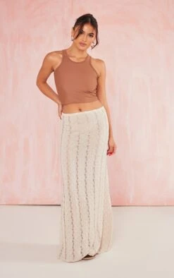 Beige Textured Jersey Straight Maxi Skirt
