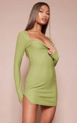 Olive Square Neck Long Sleeve Bodycon Dress
