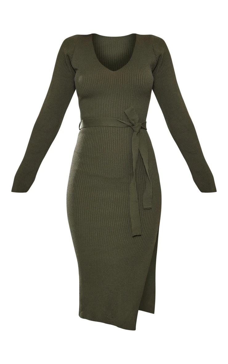 Khaki V Neck Belted Long Sleeve Split Midi Dress 7 Khaki V Neck Belted Long Sleeve Split Midi Dress - Image 5