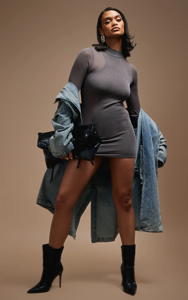 Charcoal Sheer Knit Racer Lined Long Sleeve Dress 3 Charcoal Sheer Knit Racer Lined Long Sleeve Dress