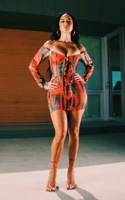 Orange Abstract Print Mini Skirt