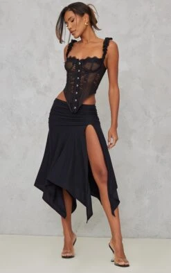 Black Soft Touch Ruched Asymetric Midi Skirt