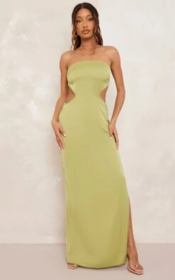 Olive Satin Bandeau Side Cut Out Maxi Dress