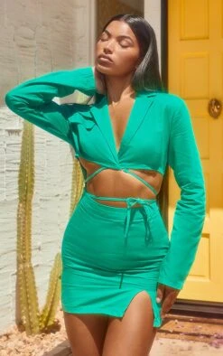 Green Woven Cut Out Tie Waist Utility Style Blazer Bodycon Dress
