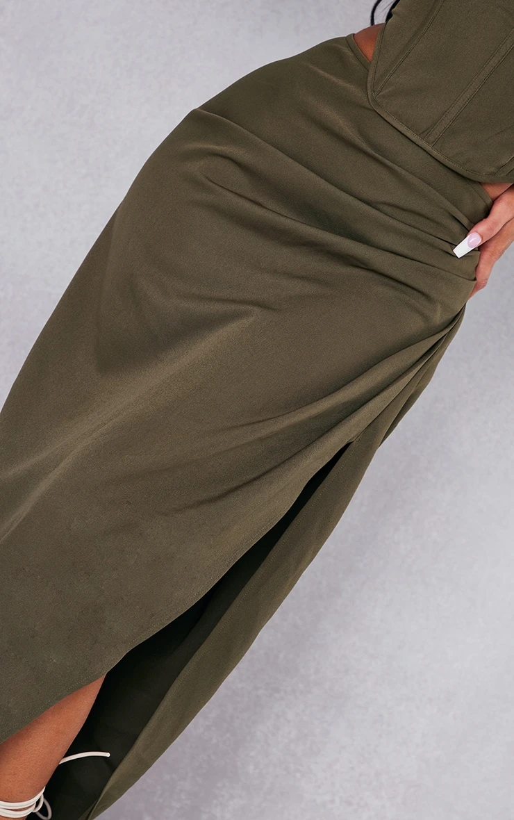 Khaki Woven Ruched Skirt Midi Skirt 6 Khaki Woven Ruched Skirt Midi Skirt - Image 4