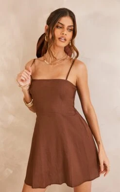 Chocolate Straight Neck Linen Look Ruched Back Detail Swing Dress