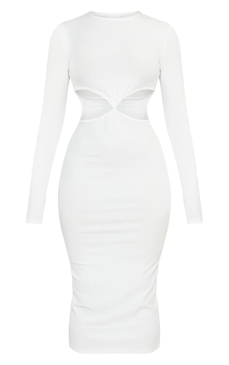 White Rib Knot Cut Out Long Sleeve Midaxi Dress 7 White Rib Knot Cut Out Long Sleeve Midaxi Dress - Image 5