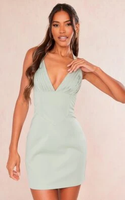 Sage Khaki Woven Pleated Bust Boned Halter Bodycon Dress