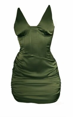 Khaki Satin Plunge Detail Ruched Skirt Bodycon Dress -Cheap Glamarish Store 5b3d388c544f0f11caca65191bc8c069a9f2e5e3 cnc7796 5