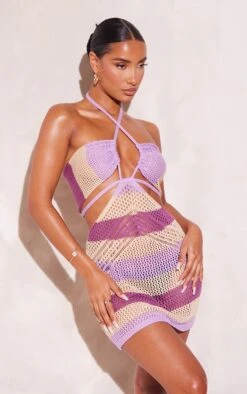 Oatmeal Stripe Crochet Cross Front Dress