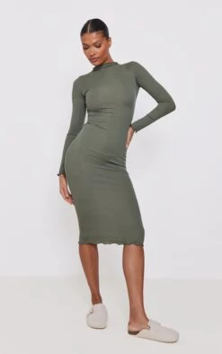 Khaki Rib Lettuce Hem Long Sleeve Midaxi Dress