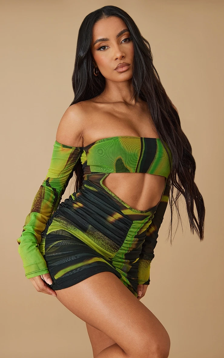 Green Smoke Print Mesh Bardot Ruched Bodycon Dress 3 Green Smoke Print Mesh Bardot Ruched Bodycon Dress