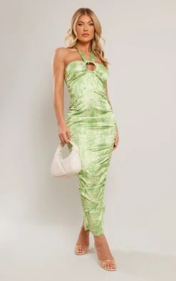 Lime Renaissance Print Satin Ring Corset Detail Midaxi Dress