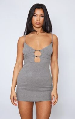 Khaki Ribbed Trim Detail Strappy Bodycon Dress