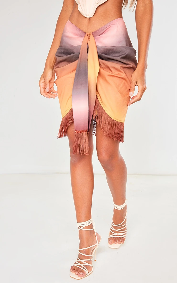 Brown Ombre Print Woven Tassel Wrap Skirt 4 Brown Ombre Print Woven Tassel Wrap Skirt - Image 2
